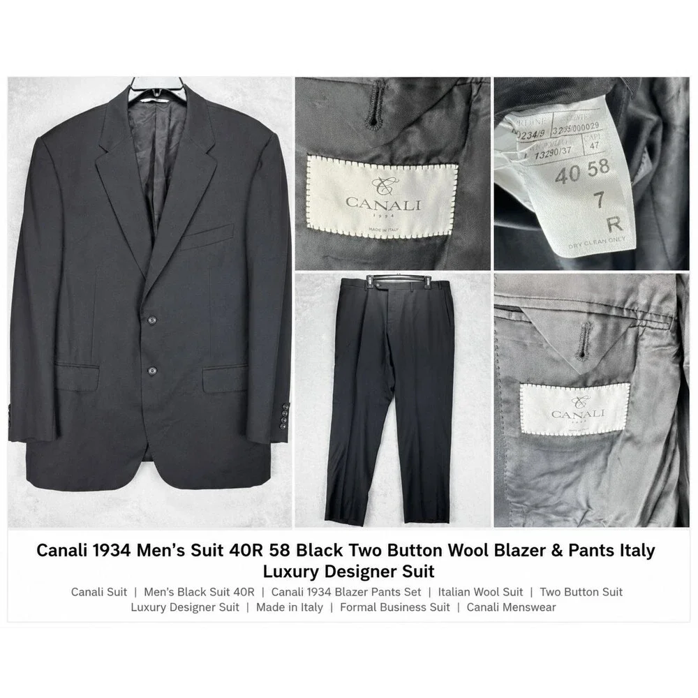 Canali 1934 Mens 2 Piece Suit 40R Black Wool Italy Luxury Designer